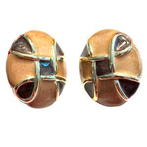 Chunky clip on earrings beige & sage swirl enamel on gold tone vintage runway